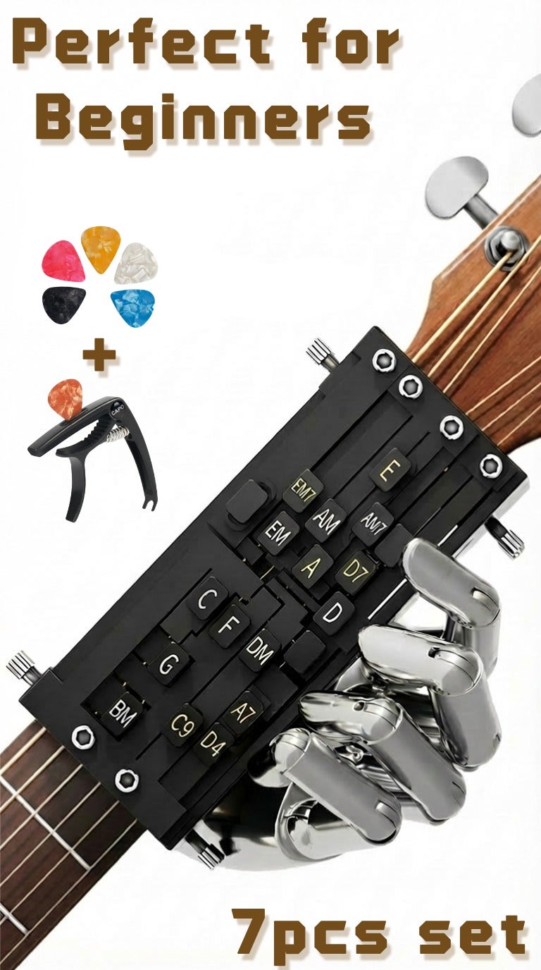 مدرب ضغط الأوتار طقم 7 قطع، أداة تعلم أوتار الجيتار وتمرين الأصابع مع كابو و5 ريش، مجموعة تدريب للمبتدئين لتسهيل العزف، طقم تعلم موسيقي للأطفال والكبار والعائلة - Image 1